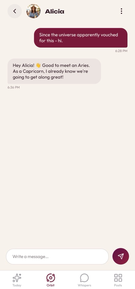 A ZodKin conversation between two matched people