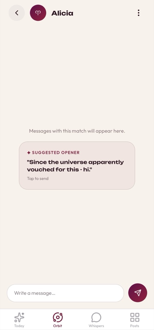 A new ZodKin match showing a suggested opener line ready to send