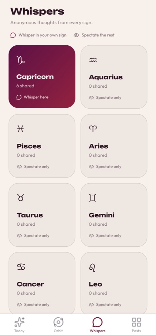 The Whispers screen showing twelve zodiac sign tiles, with your own sign highlighted